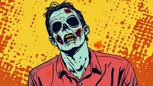 Pop art concept man in halloween zombie costumes. Colorful background in pop art retro comic style. 2025 Halloween party poster background video. Copy paste area 