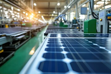 Close-up of solar panel production in a modern factory