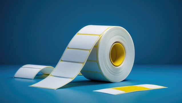White roll of labels for thermal perforation displayed against a blue backdrop. Self-adhesive labels intended for printing or manufacturing.