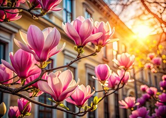 Pink magnolia explosions paint the city in spring's radiant hues.