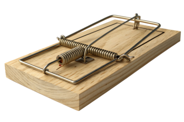 A classic wooden mousetrap with a light-colored wooden base, showcasing natural grain textures.