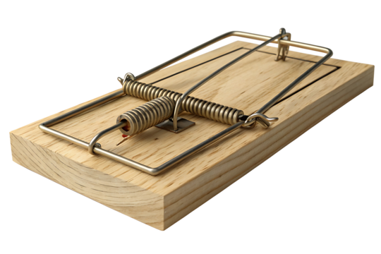 A classic wooden mousetrap with a light-colored wooden base, showcasing natural grain textures.