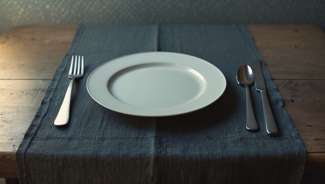 White plate on tablecloth with a vintage background - Powered by Adobe