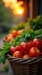 Sunset hues bathe overflowing baskets of ripe tomatoes, vibrant peppers, and lush greens , peppers, vibrant colors