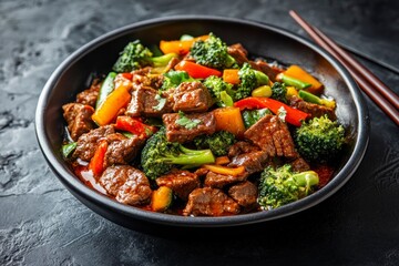 Beef Stir Fry with Broccoli and Peppers in Black Bowl