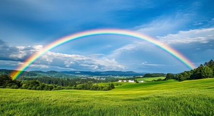 Naklejka premium Scenic Landscape with Rainbow Over Green Field and Distant Village