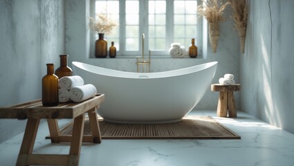 White contemporary bath in a modern apartment featuring stylish loft-style interior design and home decor. Gentle selective focus.