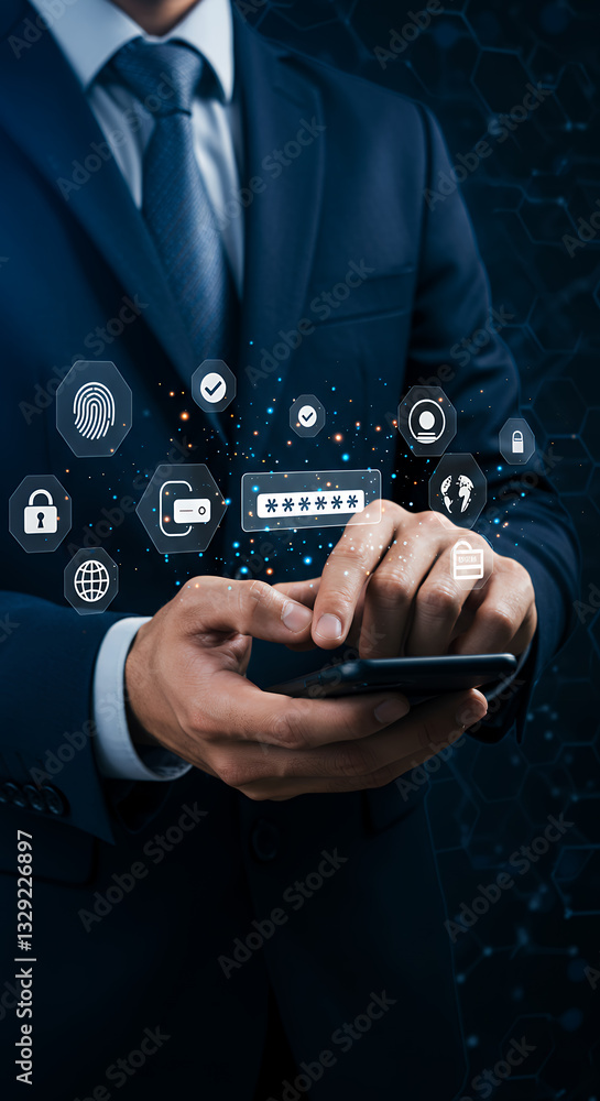 Poster secure access: businessman typing password on phone - data protection, cybersecurity, authentication
