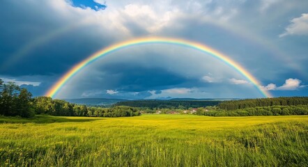 Naklejka premium Scenic Landscape with Rainbow Over Green Field After the Rain