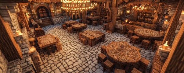 A rendered interior featuring wooden tables and stone walls