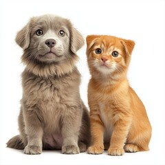 Obraz premium Adorable puppy and kitten snuggling together on a white background emphasizing the joy of pet care and bonding