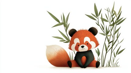 Naklejka premium Adorable animated red panda character sitting among bamboo leaves, perfect for children's content and wildlife themes.