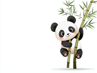 Adorable panda bear playfully climbing bamboo, showcasing its playful nature and cuteness against a white background.