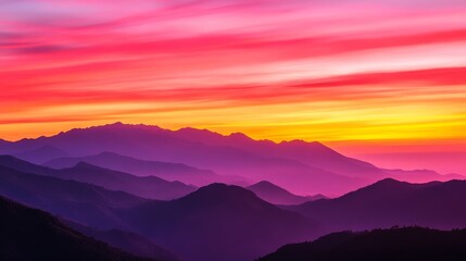 Fototapeta premium Vibrant sunset over rolling mountain with colorful skies and distant peaks in silhouette