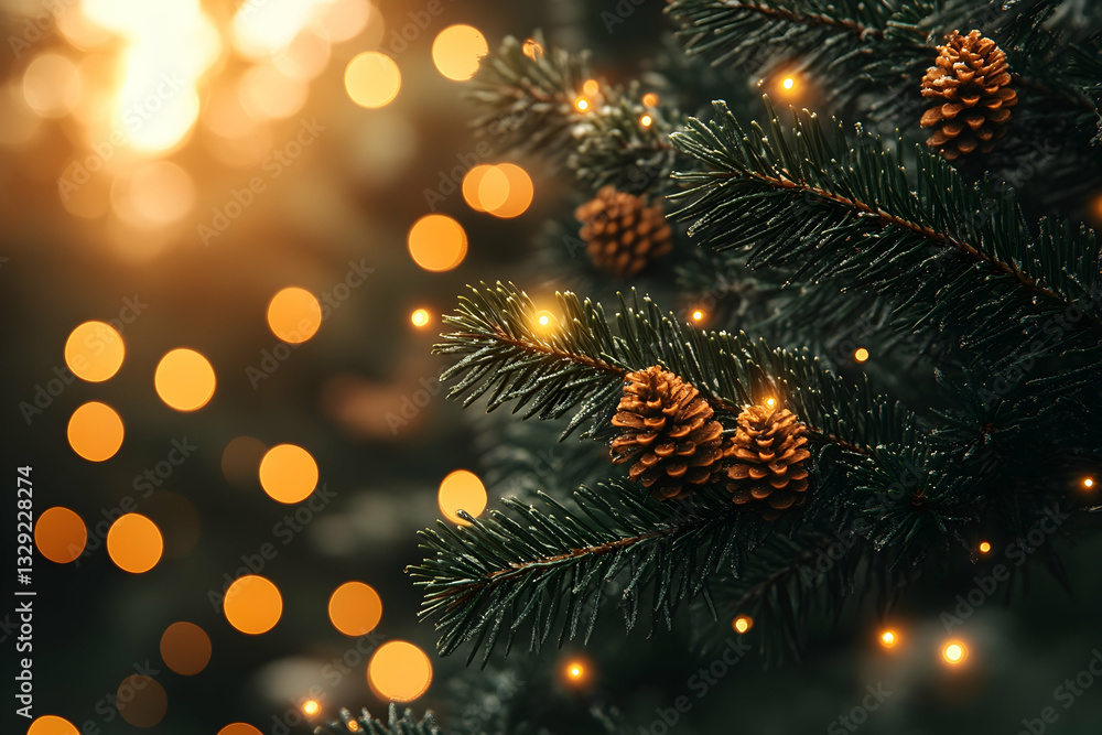 Poster close-up of pine tree branches adorned with pine cones and warm, glowing lights, creating a festive 