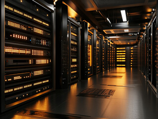 Server room data center equipment blinking lights modern technology