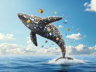 Whale jumping out of ocean made of plastic trash symbolizing pollution