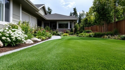 Fototapeta premium A lush green lawn is complemented by vibrant flower beds, showcasing nature's beauty in a carefully curated landscape ideal for outdoor relaxation and enjoyment.