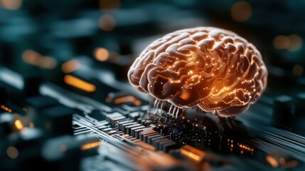A brain visualization on a circuit board exemplifies the fusion of human thought processes with advanced technology, emphasizing modern innovation and creativity.
