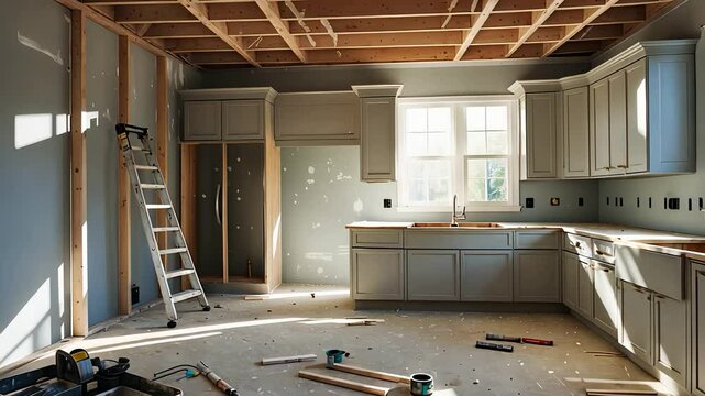 Kitchen Renovation Project with Exposed Ceiling Beams, Installed Cabinets, Construction Tools, and Sunlit Windows

