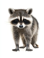 Obraz premium Adorable raccoon standing curiously, showcasing its fluffy fur and striking facial markings against a clean white background.