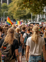 Crowd walking in gay pride parade showing support for lgbtq+ rights