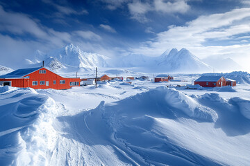 Winter landscape with red cabins in a snowy setting