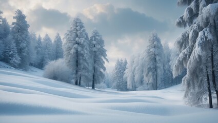 Obraz premium Panorama of winter forest featuring snow-covered trees.