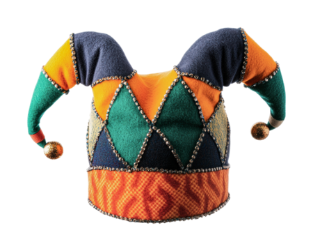 Colorful jester hat with bells in vibrant patchwork design, cut out