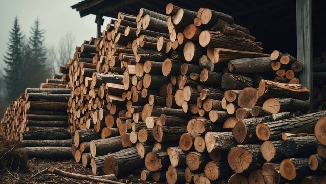 Winter preparation. Creating a stacked firewood pile. Collection of firewood.