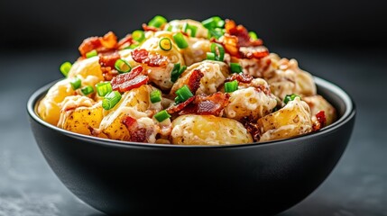 A delicious serving of creamy potato salad topped with crispy bacon bits and fresh green onions, making it an irresistible side dish for any occasion.
