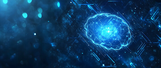 Obraz premium Blue digital technology background with a chip and brain icon on a dark blue circuit board
