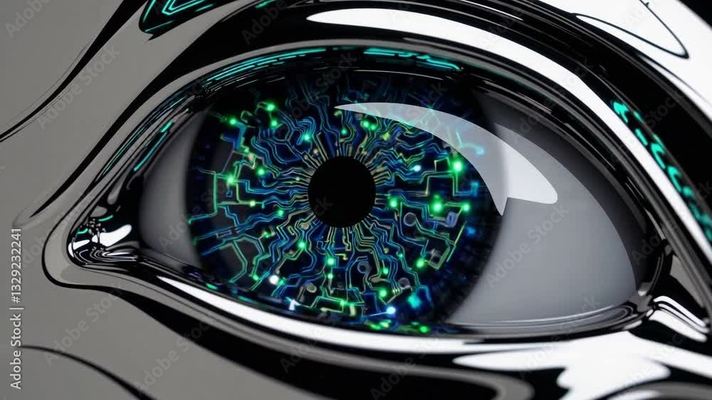 Aufkleber close-up of a futuristic robotic eye featuring intricate circuitry patterns and led lights, symboliz