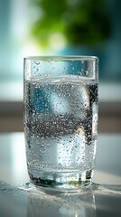 Refreshing glass of water with droplets glistening in the light for a pure and hydrating beverage experience