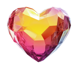 Colorful faceted heart-shaped crystal jewel with pink and yellow gradient, cut out