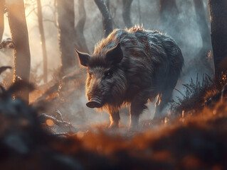 Wild boar walking in a misty forest at sunset