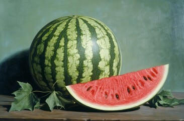 Watermelon and Slice Still Life on Wood Surface with Leaves