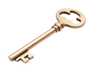 Antique brass skeleton key with ornate design on black background, cut out