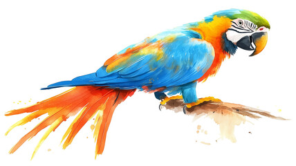 Fototapeta premium Vibrant watercolor macaw, blue and gold parrot, colorful tropical bird, artistic illustration, splashy brushstrokes, detailed feathers PNG file isolated on transparent background cut out,