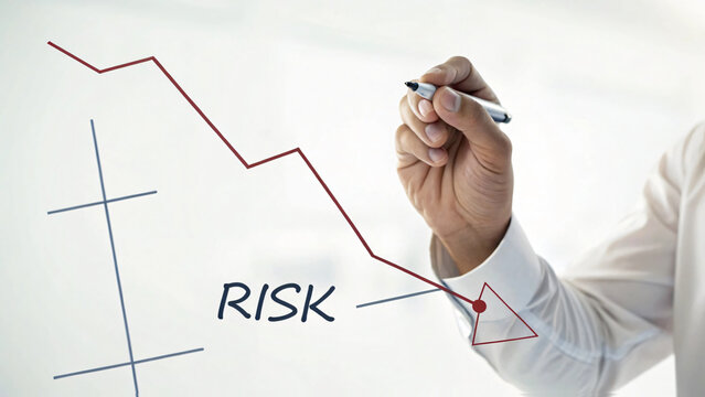 Graph Depicting Risk Reduction with Declining Trend and Businessman Hand Holding Pen
