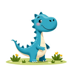 Naklejka premium Cartoon Blue Dinosaur with Flowers, transparent background