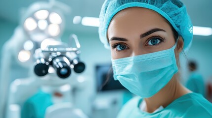 A focused female surgeon wearing scrubs and a mask in a modern surgical setting, highlighting the dedication and professionalism of healthcare providers in saving lives.