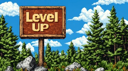 Obraz premium Pixel Art Level Up Sign in a Lush Forest Landscape