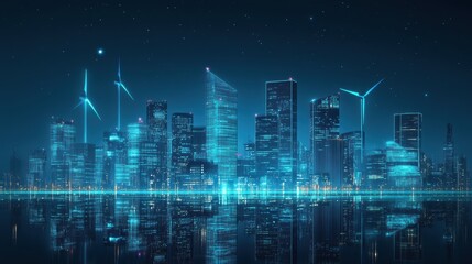 Fototapeta premium A futuristic city skyline illuminated in blue tones, featuring tall buildings and wind turbines, reflecting on calm water under a starry night.