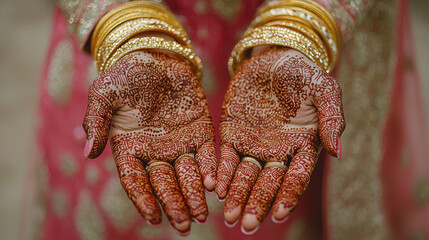 Intricate henna designs on hands with golden bangles, symbolizing cultural celebration