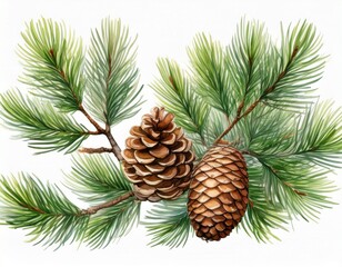 Generated image Pine branch with pine cone isolated on background, Conifer branch watercolor botanical paint