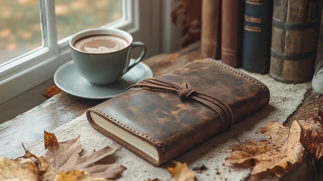 Cozy scene of a leather journal and warm drink by a window