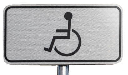 A rectangular, reflective traffic sign indicating a designated parking space for people with disabilities. It features the International Symbol of Accessibility (a wheelchair user) in black on a light