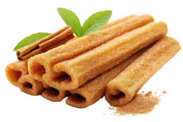Crispy Cinnamon Churros, A Delightful Treat Glistening With Sugar, Nestled Together With Fresh Mint And A Cinnamon Stick, Promising A Sweet And Spicy Indulgence Isolated on Transparent Background