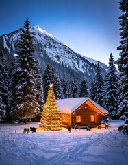 house in the mountains with an christmas tree out front